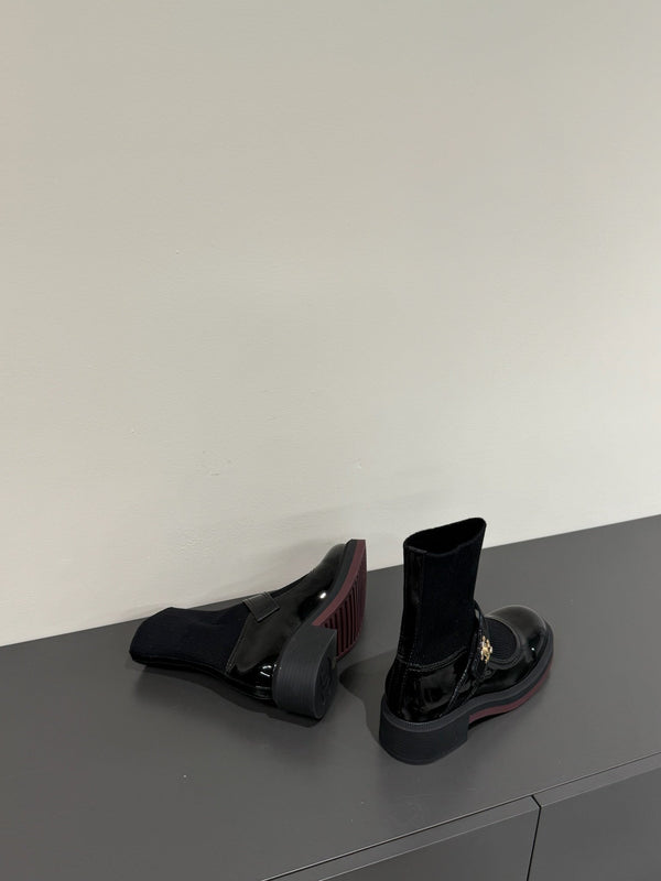 CC 25ss Short Sock Boots Black Patent Leather& Wool 417818