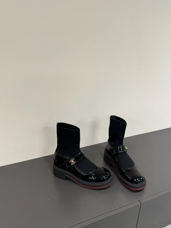 CC 25ss Short Sock Boots Black Patent Leather& Wool 417818
