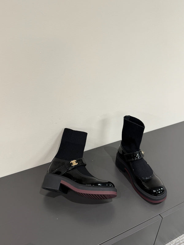 CC 25ss Short Sock Boots Black Patent Leather& Wool 417818