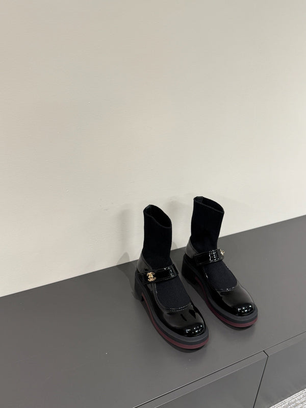 CC 25ss Short Sock Boots Black Patent Leather& Wool 417818