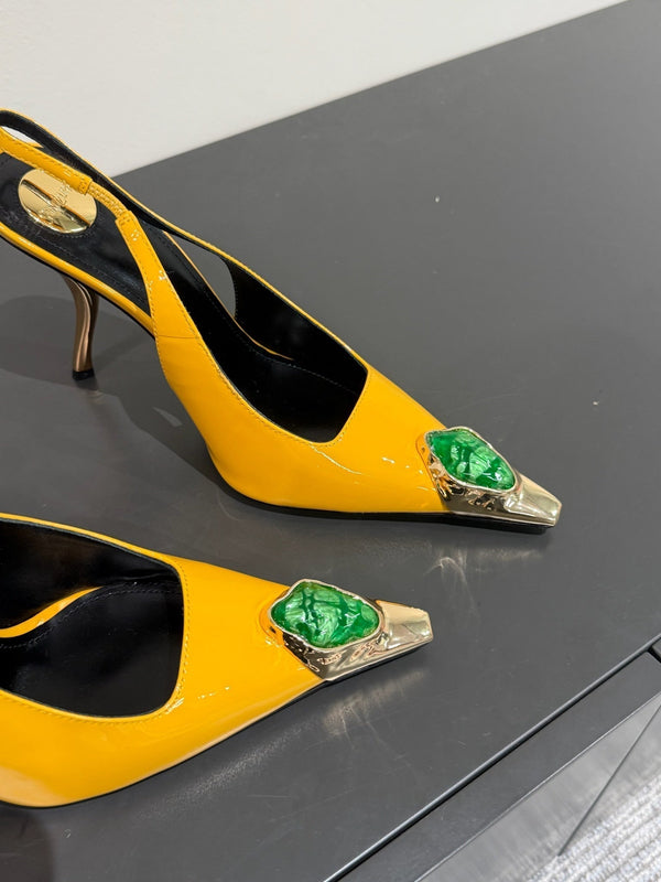 GREEN GEM-STUDDED SLINGBACK PUMPS IN YELLOW PATENT CALFSKIN