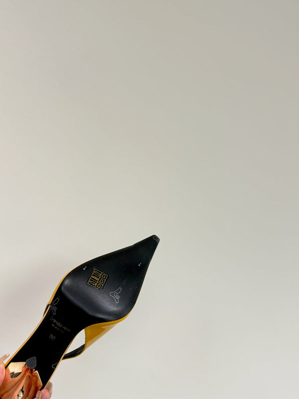 GREEN GEM-STUDDED SLINGBACK PUMPS IN YELLOW PATENT CALFSKIN