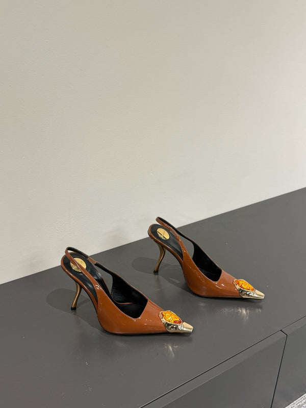 ORANGE GEM-STUDDED SLINGBACK PUMPS IN BRONZE BROWN PATENT CALFSKIN