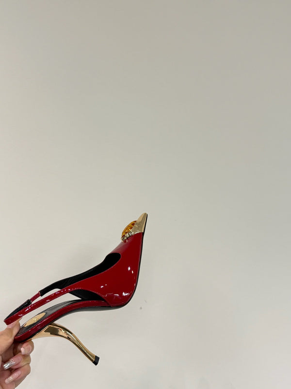 ORANGE GEM-STUDDED SLINGBACK PUMPS IN RED PATENT CALFSKIN