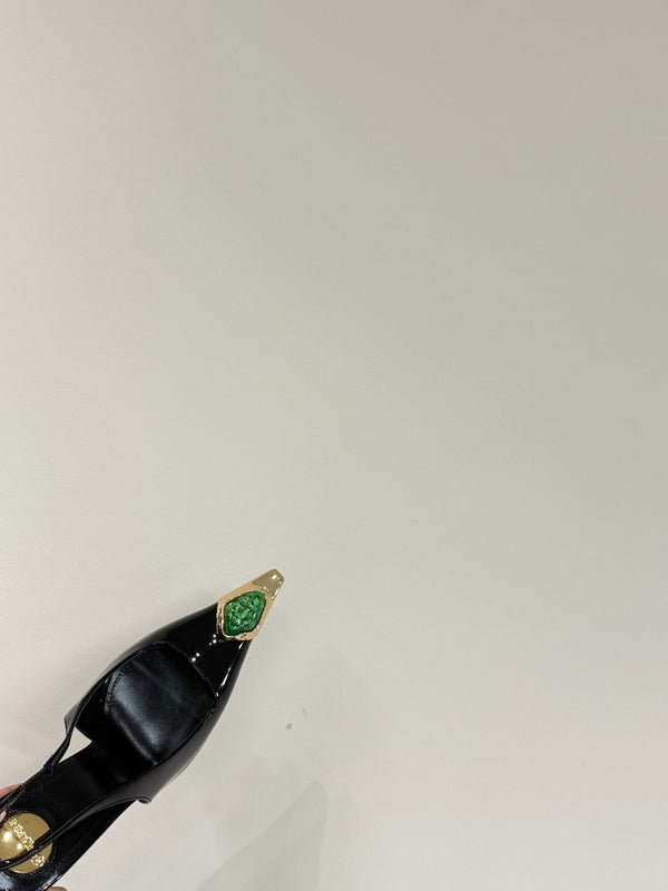GREEN GEM-STUDDED SLINGBACK PUMPS IN BLACK PATENT CALFSKIN