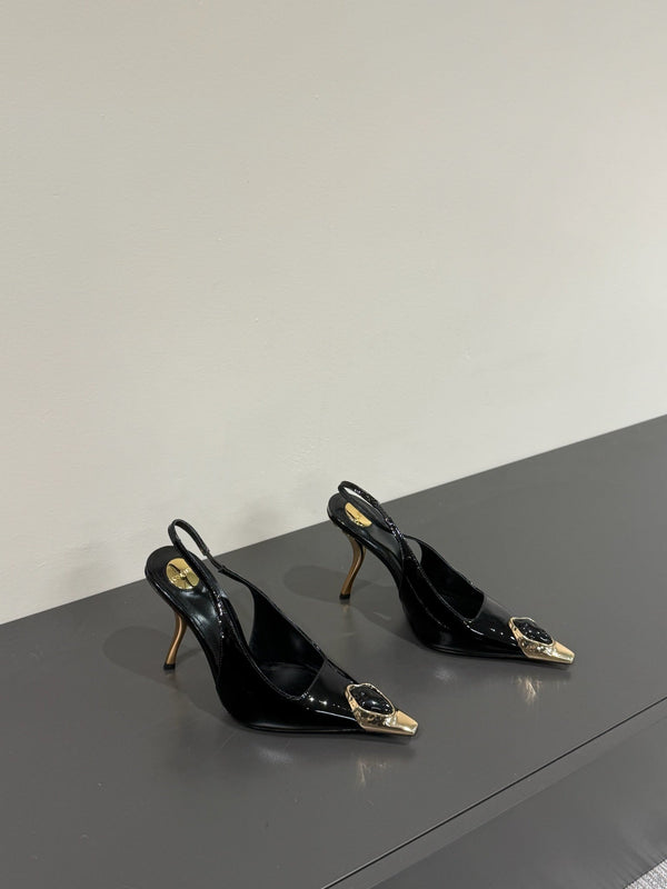 BLACK GEM-STUDDED SLINGBACK PUMPS IN BLACK PATENT CALFSKIN