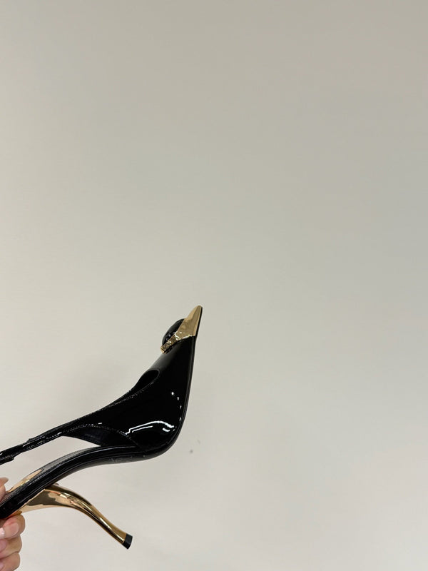 BLACK GEM-STUDDED SLINGBACK PUMPS IN BLACK PATENT CALFSKIN