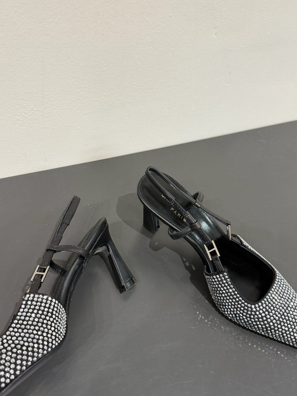 HIGH SLINGBACKS POINTED-TOE IN BLACK LAMBSKIN WITH SILVER CRYSTALS