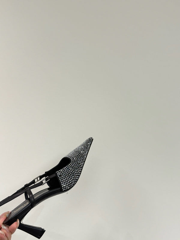 HIGH SLINGBACKS POINTED-TOE IN BLACK LAMBSKIN WITH SILVER CRYSTALS