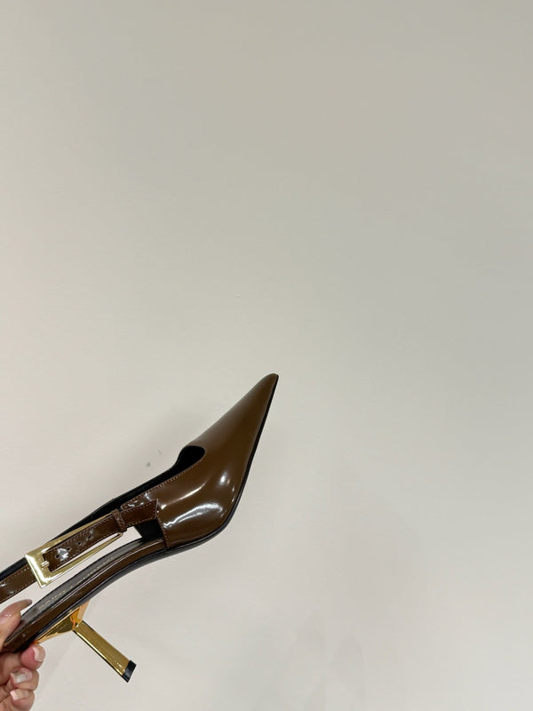 LEE SLINGBACK PUMPS 75 MM IN COFFEE BROWN PATENT CALFSKIN