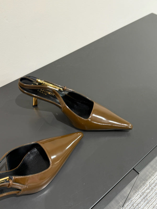 LEE SLINGBACK MID PUMPS IN BARK BROWN SHINY CALFSKIN