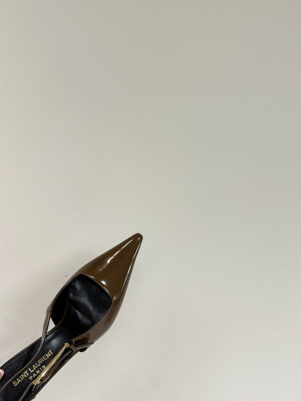 LEE SLINGBACK MID PUMPS IN BARK BROWN SHINY CALFSKIN