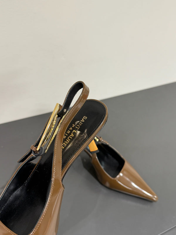 LEE SLINGBACK MID PUMPS IN BARK BROWN SHINY CALFSKIN