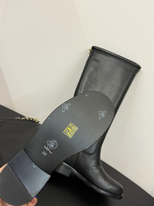 CC 25s Long Flat Chain Knight Boots Black Leather 417840