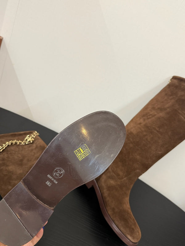 CC 25s Long Flat Chain Knight Boots Brown Cow Suede&Sheeepskin 417842