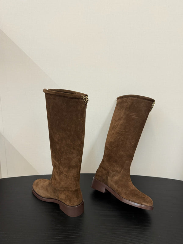 CC 25s Long Flat Chain Knight Boots Brown Cow Suede&Sheeepskin 417842