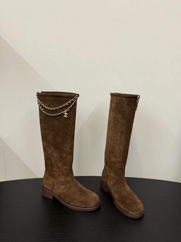CC 25s Long Flat Chain Knight Boots Brown Cow Suede&Sheeepskin 417842