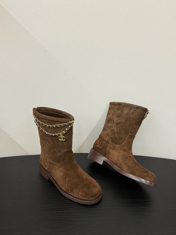 CC 25s Short Flat Chain Knight Boots Brown Cow Suede&Sheeepskin 417843