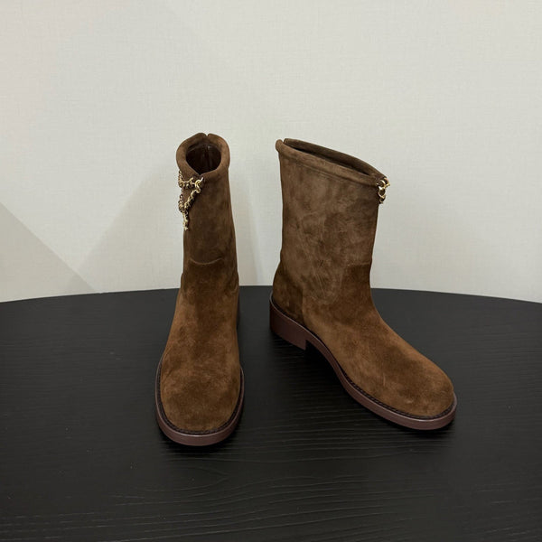 CC 25s Short Flat Chain Knight Boots Brown Cow Suede&Sheeepskin 417843