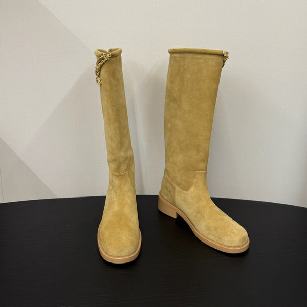 CC 25s Stivali da cavaliere lunghi con catena piatta in pelle scamosciata e pecora beige 417844