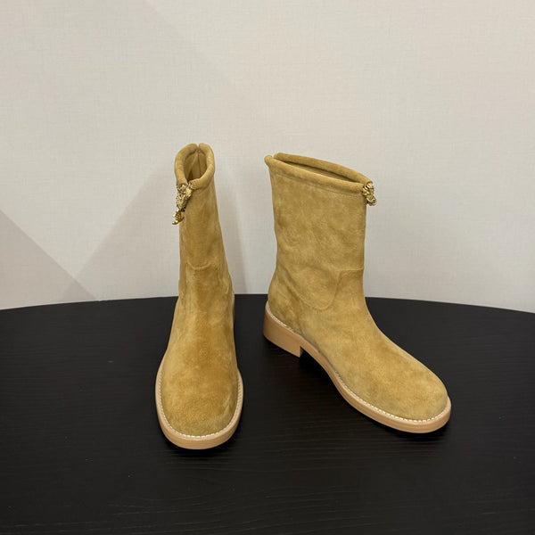 CC 25s Stivali da cavaliere corti con catena piatta in pelle scamosciata e pecora beige 417845