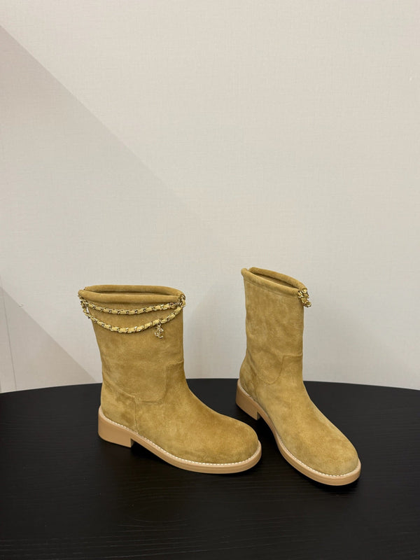 CC 25s Stivali da cavaliere corti con catena piatta in pelle scamosciata e pecora beige 417845