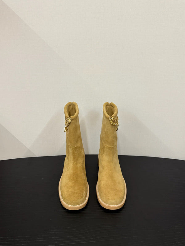 CC 25s Stivali da cavaliere corti con catena piatta in pelle scamosciata e pecora beige 417845