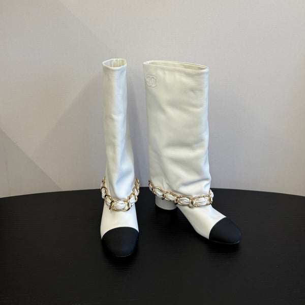 CC 25S High Boots With Chain Black White Cowhide & Sheepskin 417846