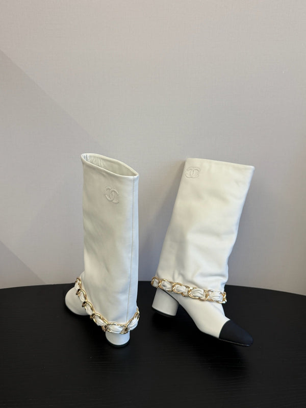 CC 25S High Boots With Chain Black White Cowhide & Sheepskin 417846