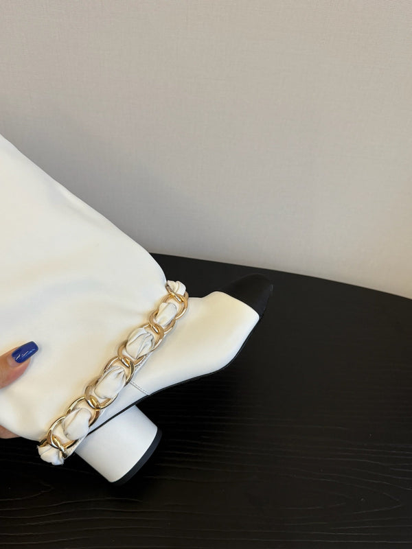 CC 25S High Boots With Chain Black White Cowhide & Sheepskin 417846