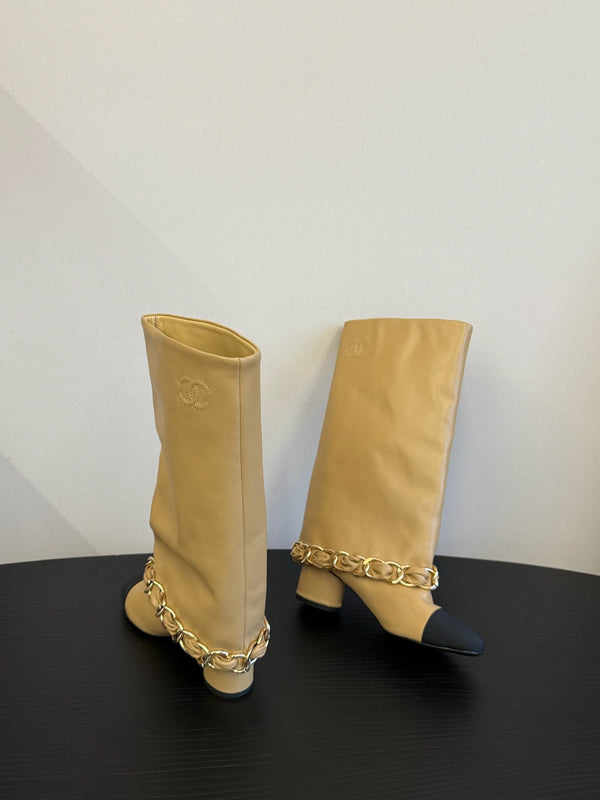 CC 25S High Boots With Chain Beige Black Cowhide & Sheepskin 417847