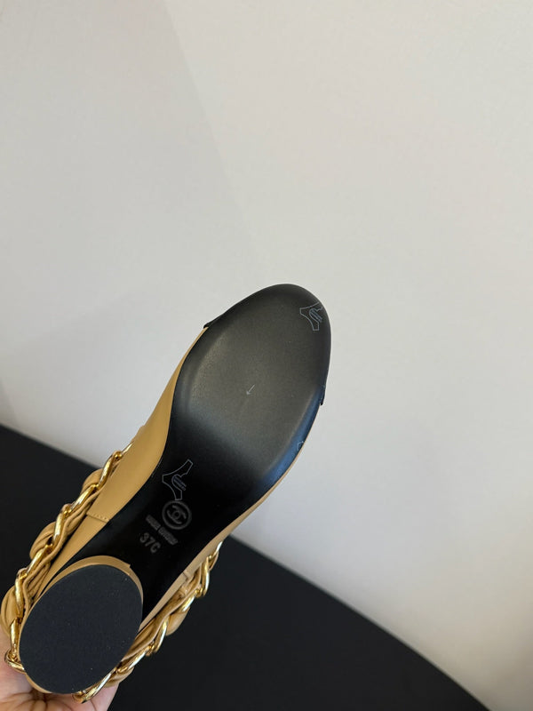 CC 25S High Boots With Chain Beige Black Cowhide & Sheepskin 417847