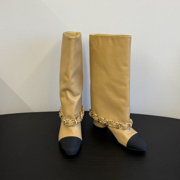 CC 25S High Boots With Chain Beige Black Cowhide & Sheepskin 417847