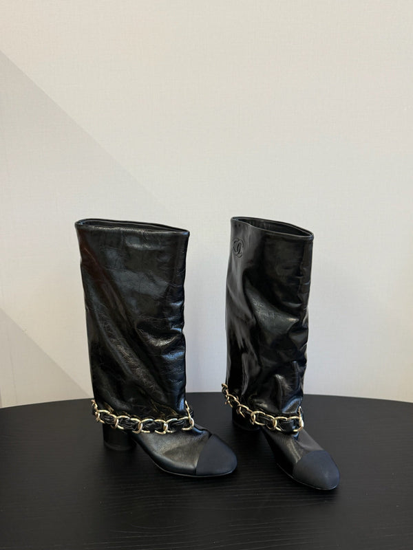 CC 25S High Boots With Chain Black Cowhide & Sheepskin 417848