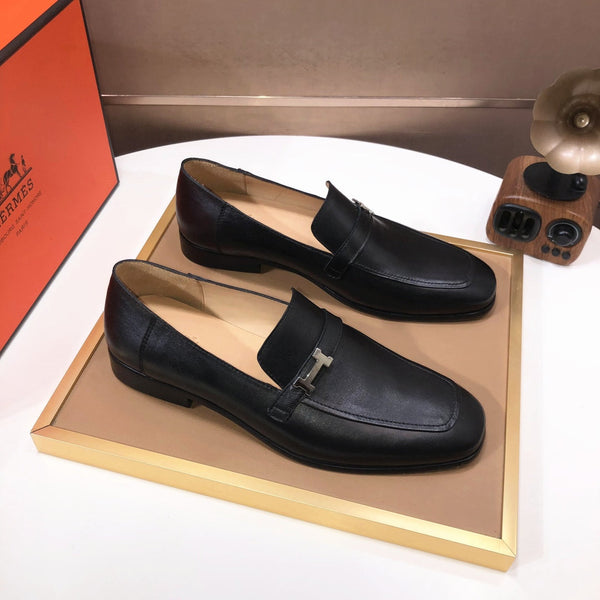 HM GIOVANNI WHITE H-BUCKLE LOAFER BLACK CALFSKIN