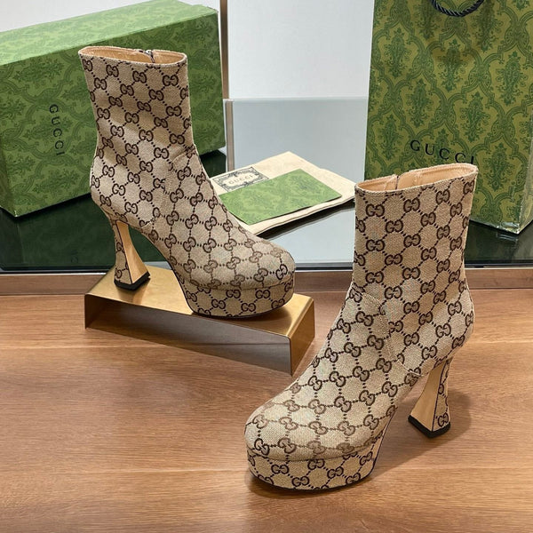 SANDALO ALTO GG 11,5 CM IN TESSUTO JACQUARD MONOGRAM MARRONE CAMMELLO