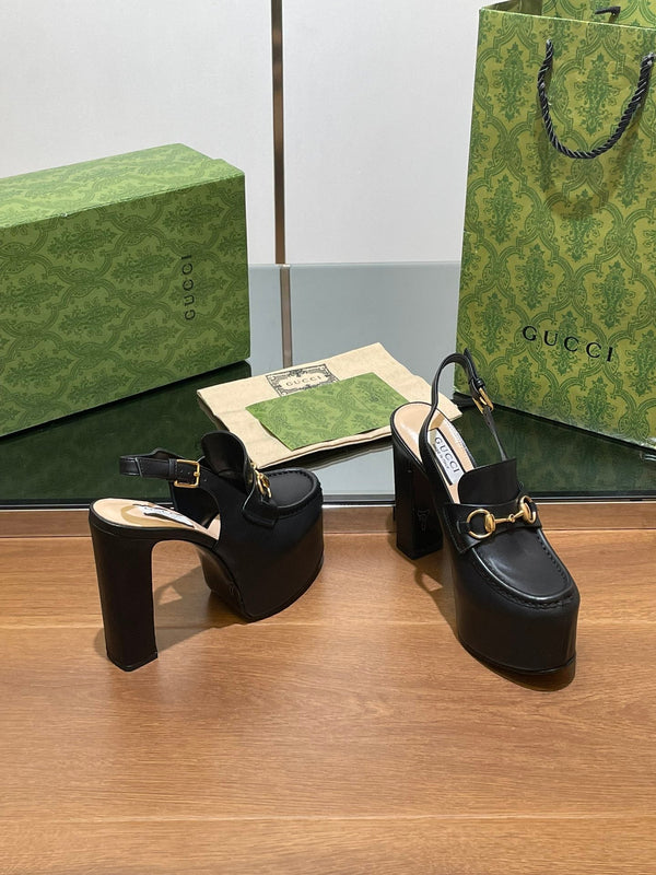 GG WOMEN'S HORSEBIT PLATFORM SLINGBACK IN BLACK CALFSKIN