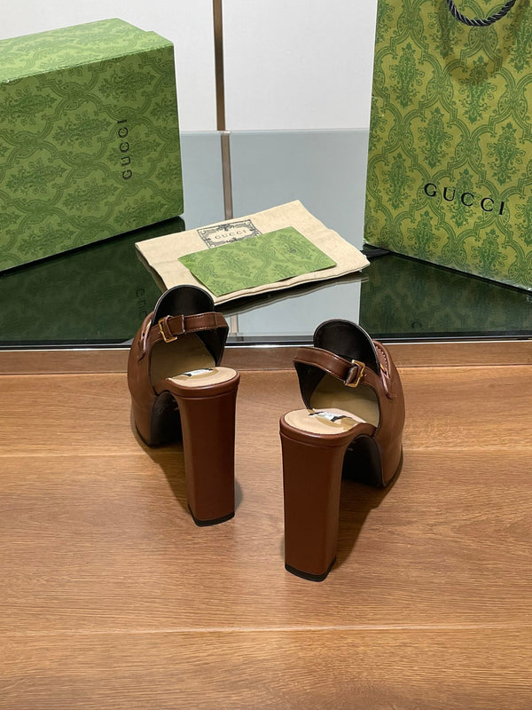 GG WOMEN'S HORSEBIT PLATFORM SLINGBACK IN DARK BROWN CALFSKIN