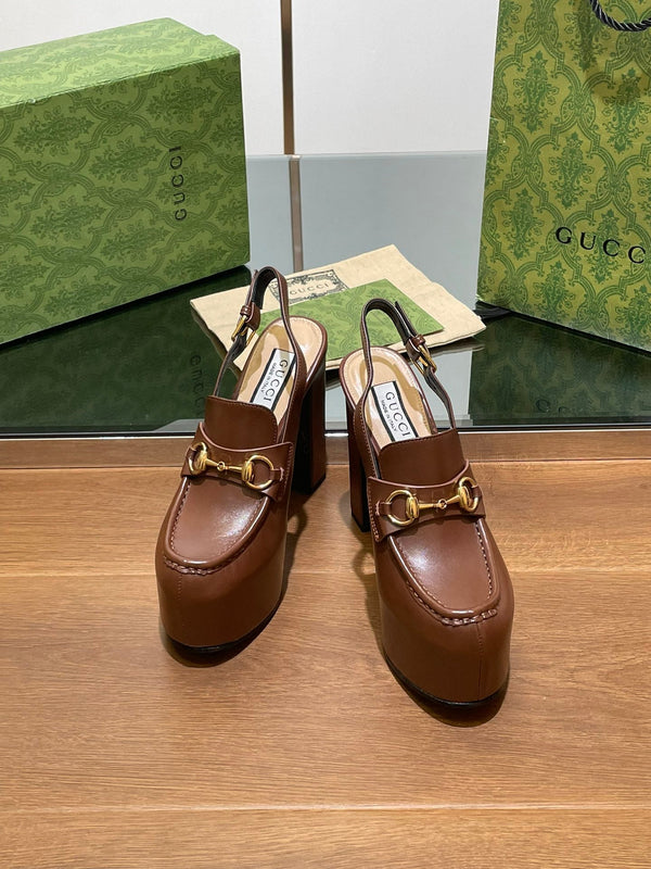 GG WOMEN'S HORSEBIT PLATFORM SLINGBACK IN DARK BROWN CALFSKIN