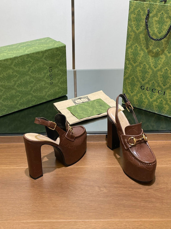 GG WOMEN'S HORSEBIT PLATFORM SLINGBACK IN DARK BROWN EMBOSSED CALFSKIN