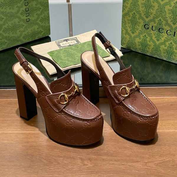 GG WOMEN'S HORSEBIT PLATFORM SLINGBACK IN DARK BROWN EMBOSSED CALFSKIN