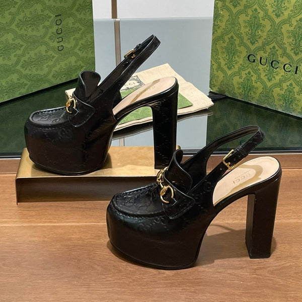 GG WOMEN'S HORSEBIT PLATFORM SLINGBACK IN BLACK EMBOSSED CALFSKIN