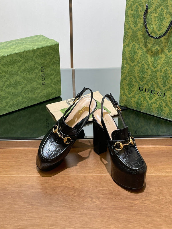 GG WOMEN'S HORSEBIT PLATFORM SLINGBACK IN BLACK EMBOSSED CALFSKIN