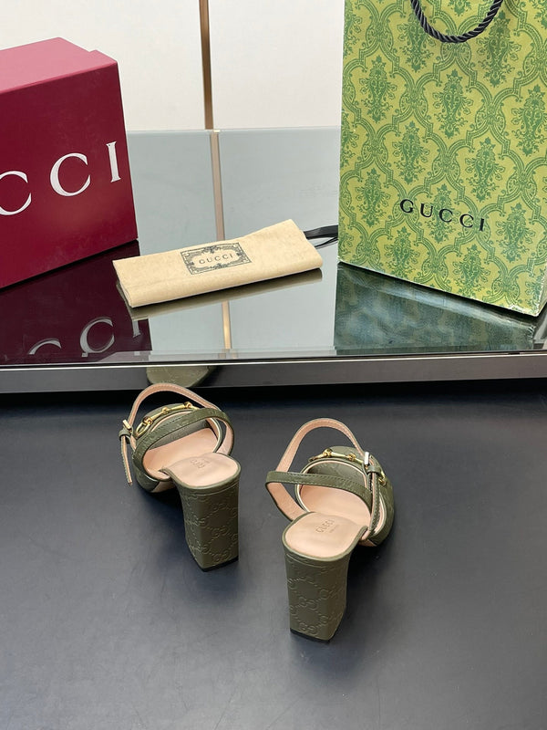 GG Women Horsebit Embossed High Heel Sandal Open Toe Olive Sheepskin 149219