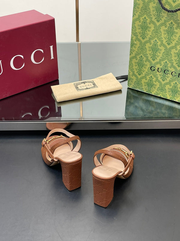 GG Women Horsebit Embossed High Heel Sandal Open Toe Gold Sheepskin 149225