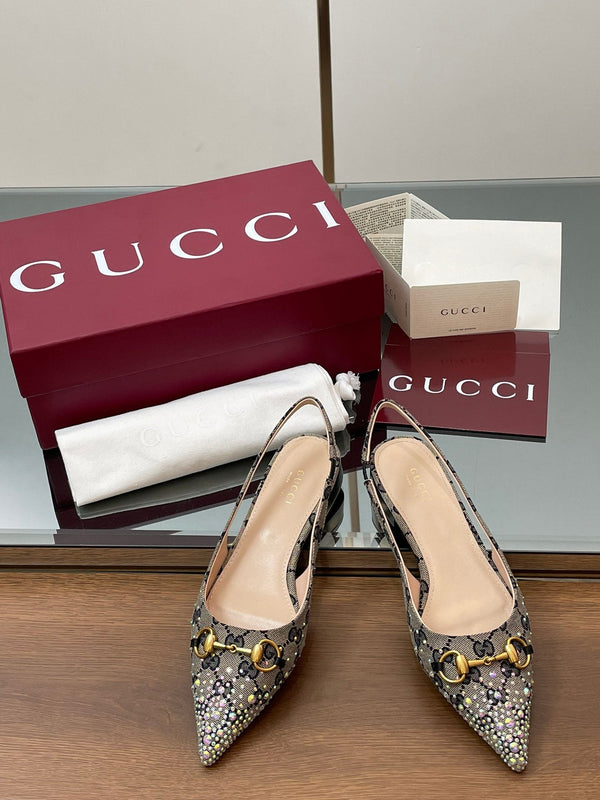 GG Horsebit Slingback Flat Black Ebony Monogram Canvas Point Toe Crystal-Embellished