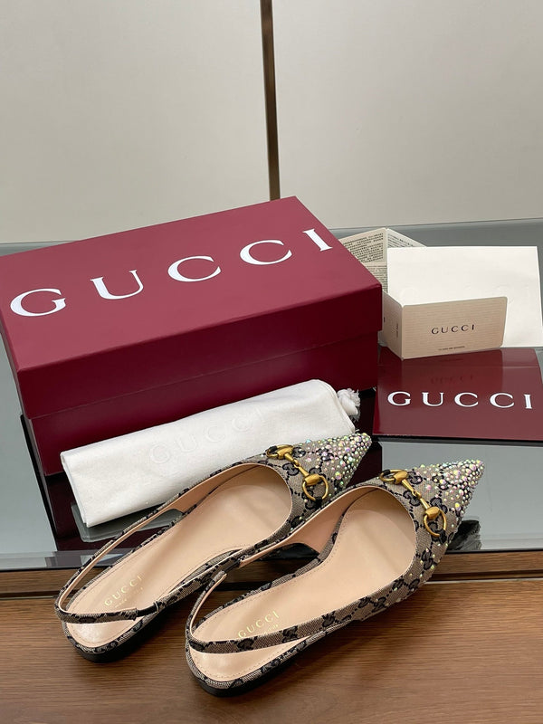 GG Horsebit Slingback Flat Black Ebony Monogram Canvas Point Toe Crystal-Embellished