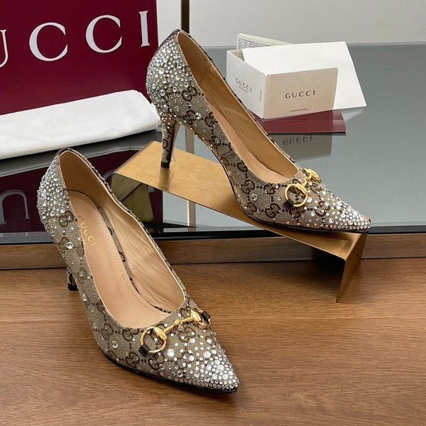 GG Horsebit Pump 85 Beige Ebony Monogram Canvas Crystal-Embellished