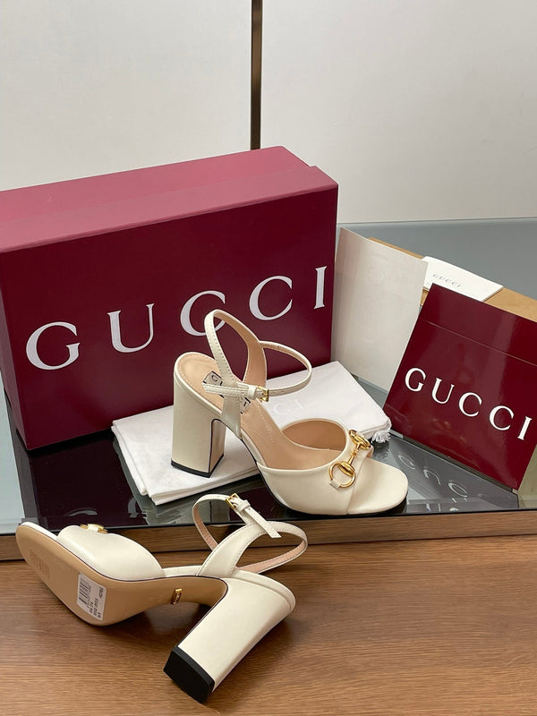 GG Women Horsebit High Heel Sandal Open Toe Cream Sheepskin 225969