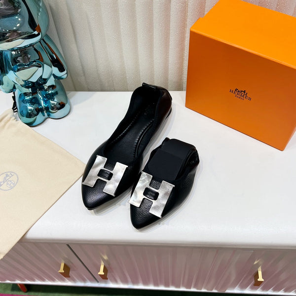H-BUCKLE BALLLET FLAT BLACK CALFSKIN